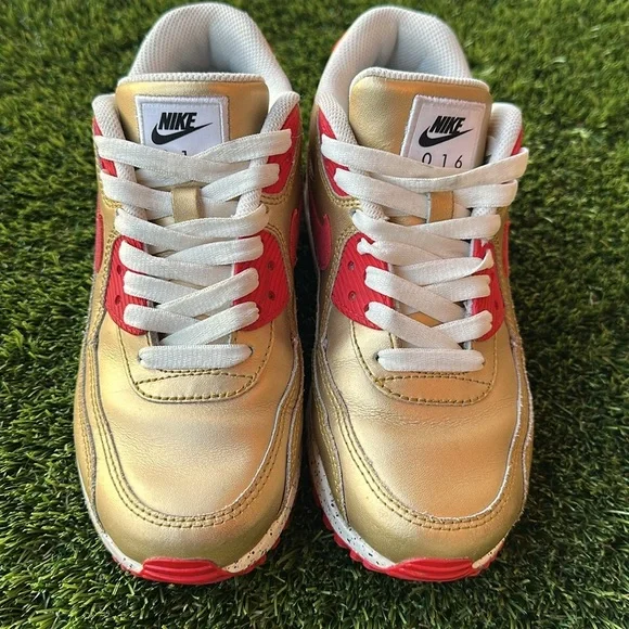 Nike Men's Red Black Gold Solid Leather Air Max 931896 994 Shoes Size 6.5 49ers - Picture 3 of 7